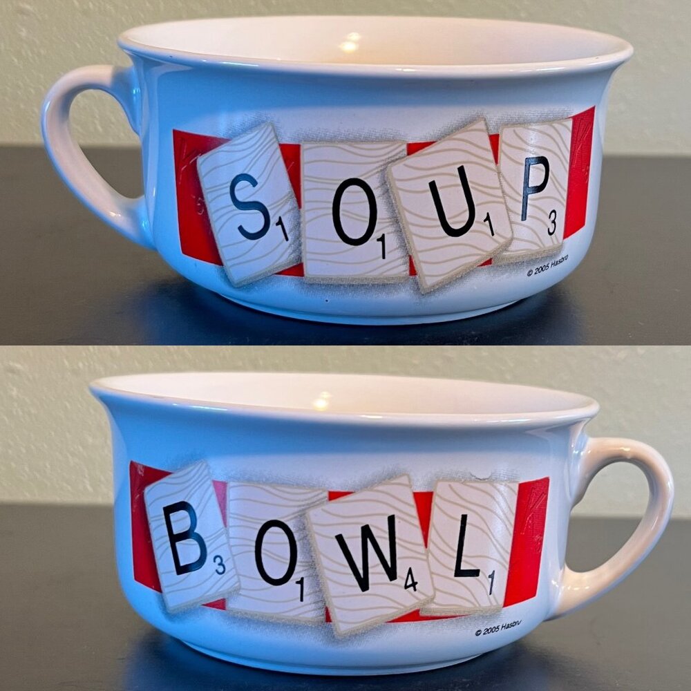Vintage Hasbro SCRABBLE Soup Bowl Crossword Board Game Tile Letter Ceramic Mug
